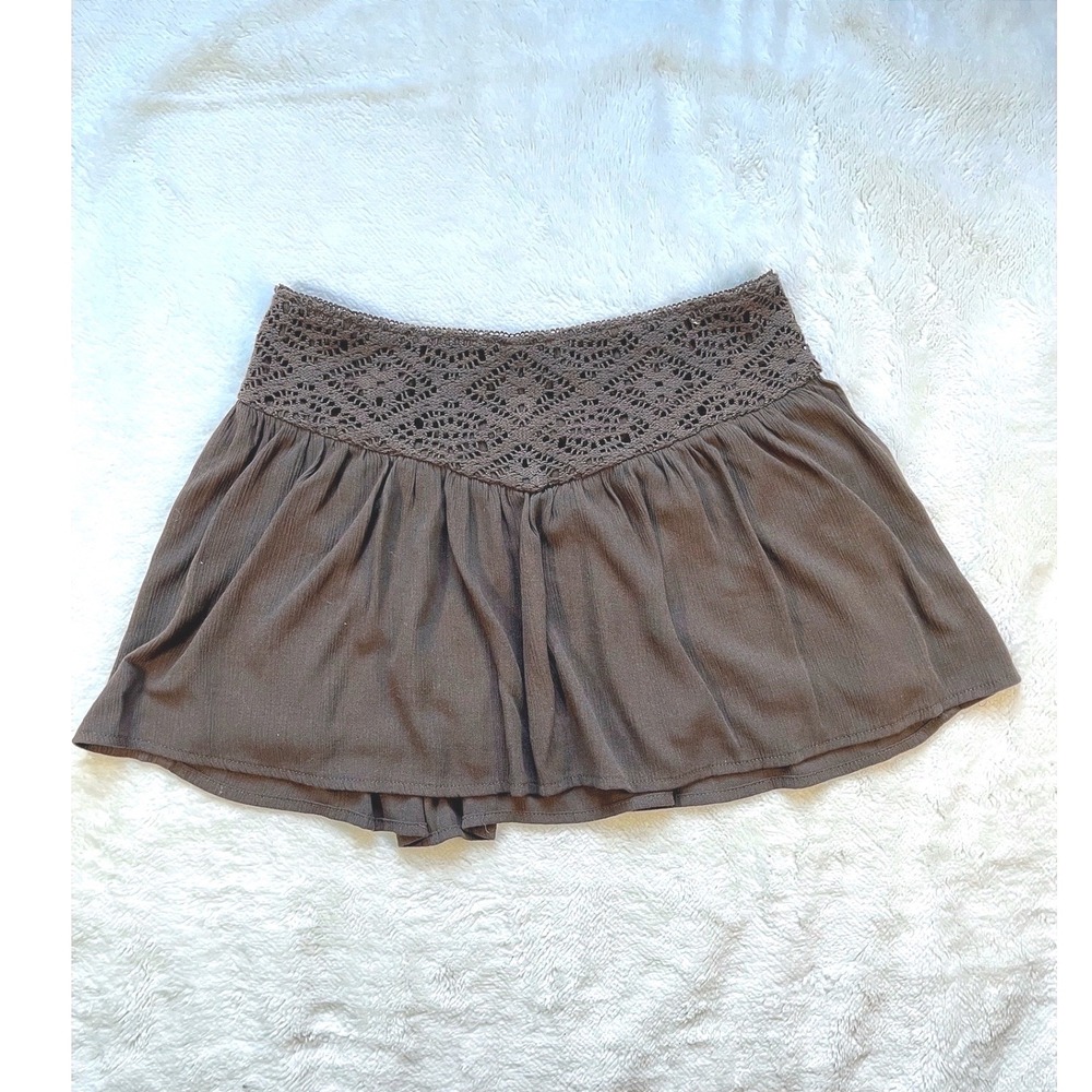 No Boundaries Skort Women Brown Crochet Lace Trim Smocked Waist Mini Skirt- S